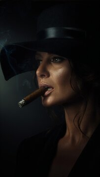 young woman with hat smoking cigar on black background 