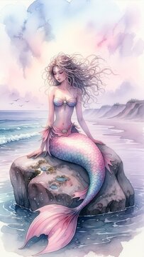 Young Mermaid Sitting on Rock in Dreamy Watercolor Art