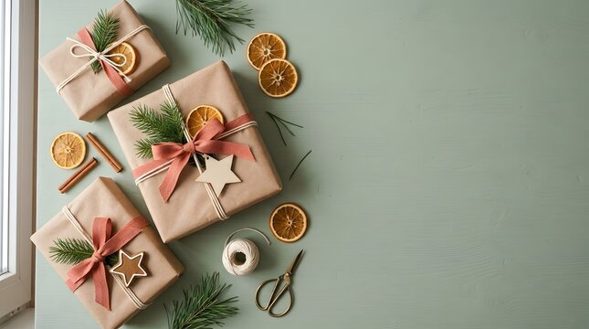 Wrapped holiday gift boxes with ribbons and decorations elegantly designed