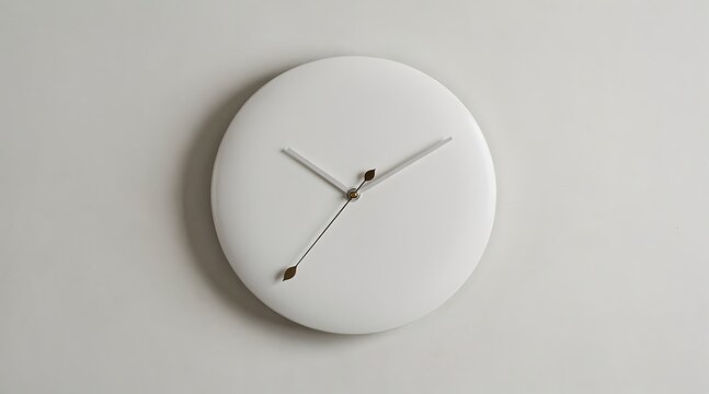Minimalist white wall clock without numbers hanging on a plain off-white wall, modern simple analog timepiece for contemporary interior home decor and office, concept of time and simplicity.