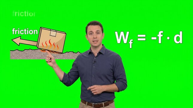 Physics instructor demonstrating friction work formula wf equals negative f dot d on green screen