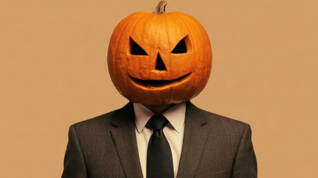 Man wearing formal suit with carved pumpkin head for Halloween spooky festive concept isolated on beige background