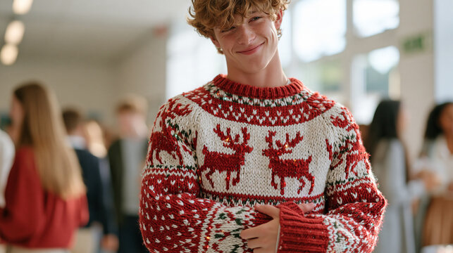 National ugly christmas sweater day december a teenage boy wearing an outlandish knitted sweater covered with reindeer and flashing lights at a school holiday party december
