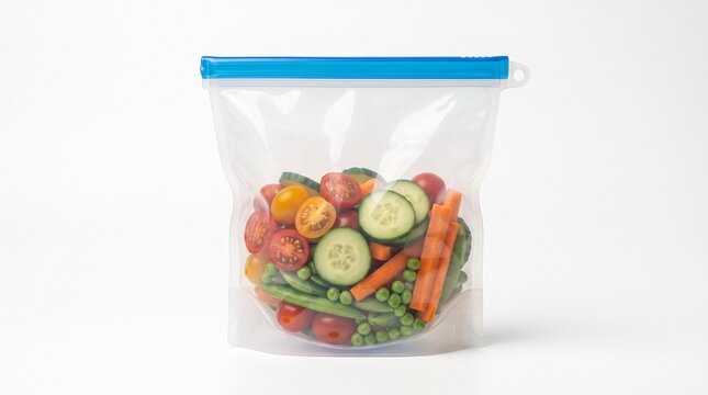 Reusable silicone food storage bag filled with fresh raw vegetables isolated on a white background