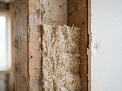 hemp fiber insulation material Close-up of straw insulation between wooden wall studs during construction