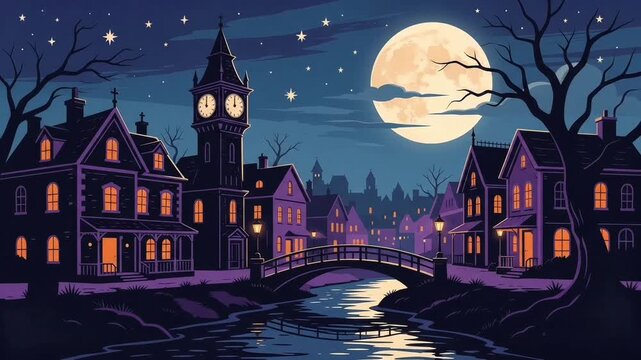 Haunted Halloween Town Square with Clock Tower, Old Bridge, Full Moon, and Flying Bats Background