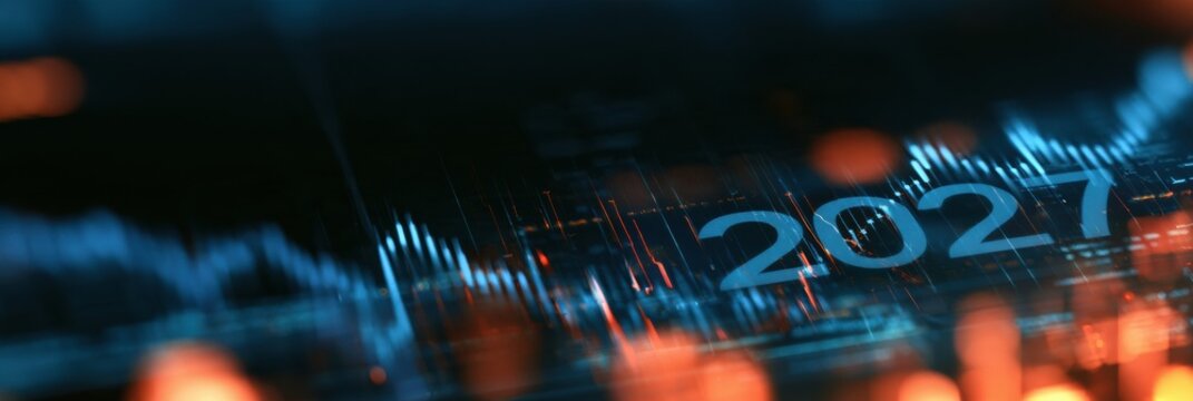 The design shows the year 2027 in bold on a dark background with subtle financial data visualizations for a corporate report.