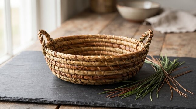 Handmade Sweetgrass Basket with Twisted Handles on Slate