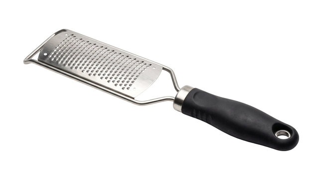 Stainless steel citrus zester with a black ergonomic handle isolated on a white background