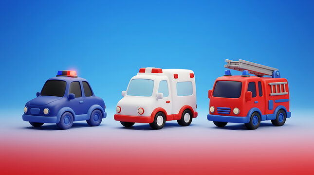 Three toy emergency vehicles, a police car, ambulance, and fire truck, on a blue background