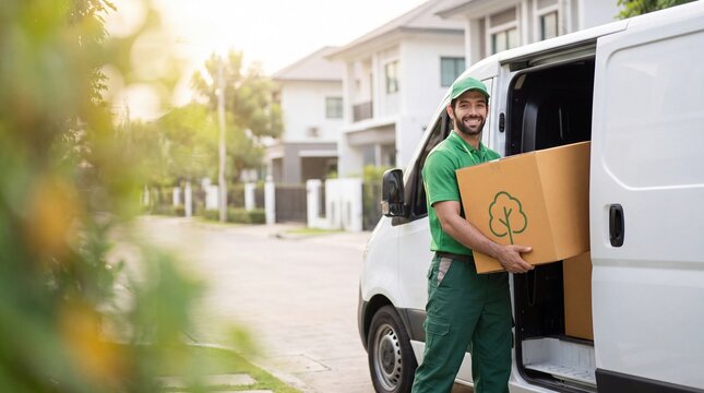 Professional courier loading parcels into freight van