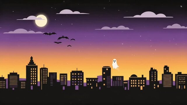 Dark Halloween City Skyline Silhouette at Sunset with Spooky Purple Sky Vector Background