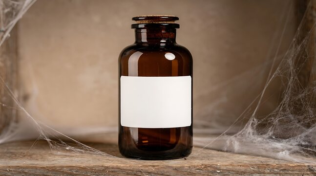 Vintage brown glass apothecary medicine bottle with blank white label mockup, placed on an old dusty wooden shelf surrounded by cobwebs in a dark mysterious laboratory or abandoned pharmacy.