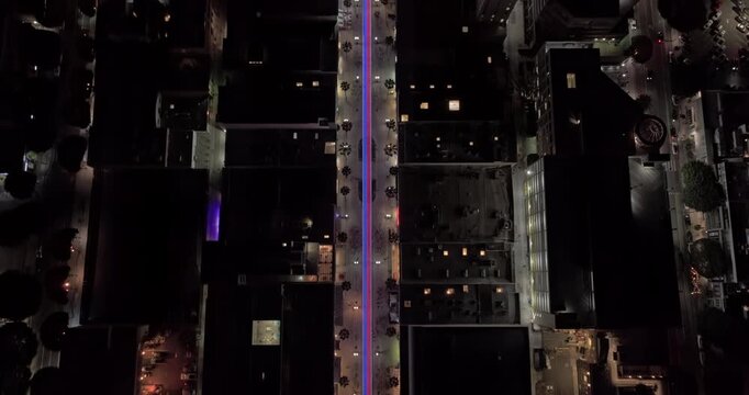 Santa Monica California Aerial v32 vertical top down view flyover third street in downtown, leading to the main shopping complex at night - Shot with 5k Camera - May 25th 2024