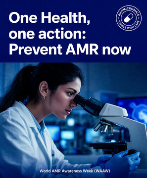 A female researcher at a microscope. Poster for World AMR Awareness Week with One Health one action Prevent AMR now.