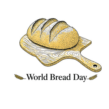 A scored artisan loaf on a paddle board, framed by wheat sprigs and the lettering World Bread Day.