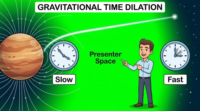 Science presenter explaining gravitational time dilation concept with clock visuals in green space studio