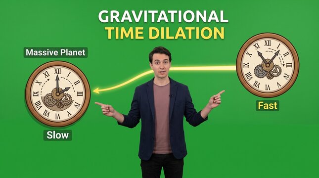 Science presenter explaining gravitational time dilation effects with analog clocks in studio setting