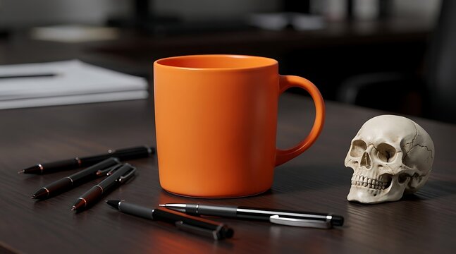 Conceptual still life featuring a bright orange ceramic mug on a dark wooden office desk surrounded by black pens and a realistic human skull replica, symbolizing mortality or medical study.