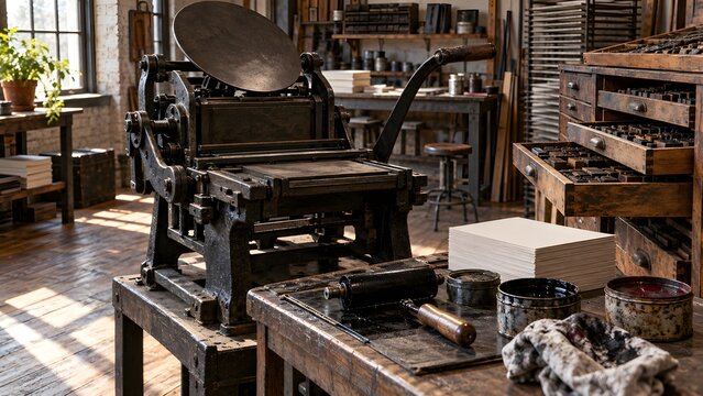 Letterpress printing studio with a platen press and wooden type cases