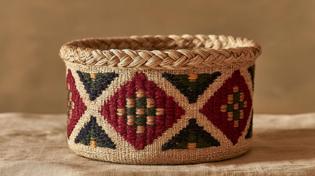 Traditional woven folk basket with colorful floral pattern, rustic textile craft, handmade decor, vintage farmhouse style, cozy country home interior.