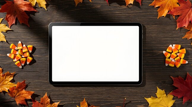 Top view of a modern digital tablet computer with a blank white screen mockup placed on a dark wooden table surrounded by colorful autumn maple leaves and sweet candy corn treats for seasonal ads.
