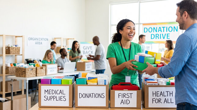 Medical supplies donation drive with volunteers organizing donations