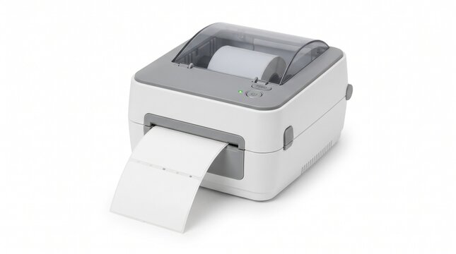 Compact thermal label printer dispensing blank adhesive label in office workspace