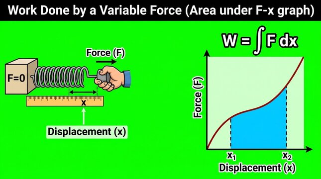 Physics diagram illustrating work done by a variable force using area under force-displacement graph