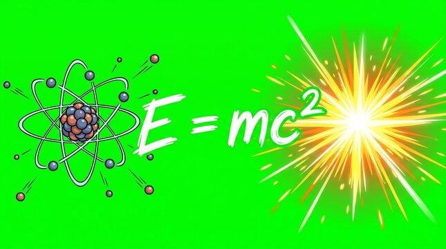 Einsteins mass-energy equivalence formula illustration with atomic particle and energy burst on green background