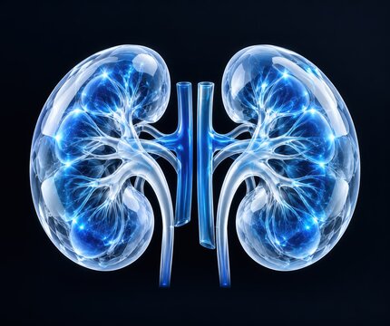 Glowing Human Kidneys: A detailed 3D render showcases two healthy human kidneys, illuminated with vibrant blue energy pathways, symbolizing their vital function and biological process.