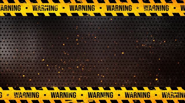 Yellow Warning Tape Border with Repeating Warning Text Around a Dark Industrial Metal Background 4K 60 fps