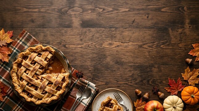 Autumnal apple pie on rustic wooden table with seasonal decorations