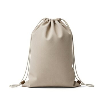 Gray drawstring storage bag standing upright