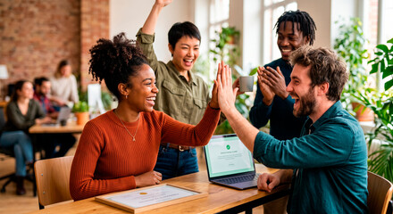 Friends celebrating small achievement, Diverse young coworkers high-fiving and smiling in a modern office