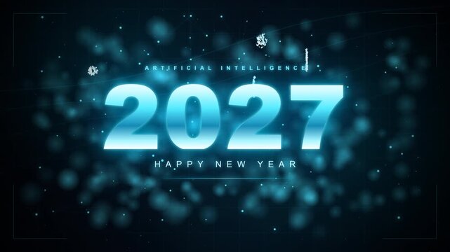 Glowing blue 2027 happy new year text with digital ai background