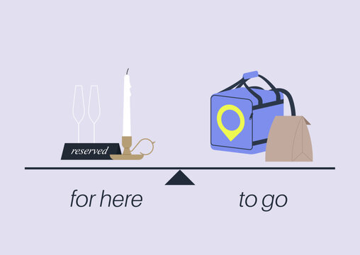 Visual representation highlights choices between dining in at a reserved table with elegant settings and opting for food delivery with a courier's bag.