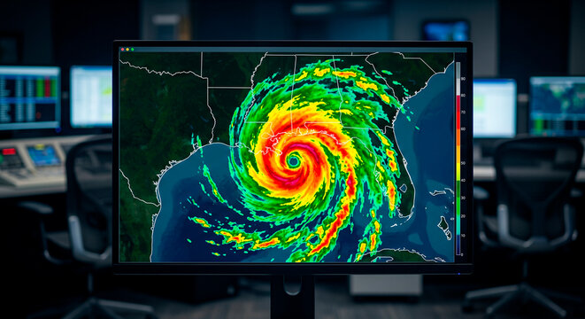 Weather radar showing a hurricane, Hurricane radar on computer monitor in emergency operations center  