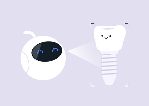 A small, friendly robot is analyzing a dental implant with a glowing ray, this is a glimpse into cutting-edge precise technology used for medical advancements, The scene feels bright and futuristic.