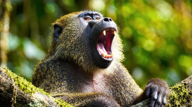 Mandrill yawning in a tropical rainforest during the daytime
