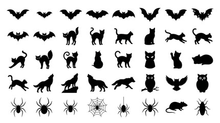 Fototapeta premium Halloween black silhouette collection of bats, cats, wolves, spiders vector icons for spooky party banners, cards, and social media posts, isolated on white background. halloween
