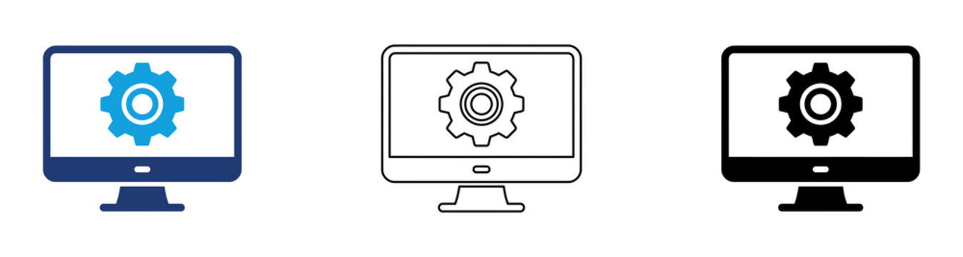 Multicolor System Configuration Monitor Icon Set with Filled and Outline Styles for Software Settings Technical Administration System Management IT Operations and Computer Configuration 