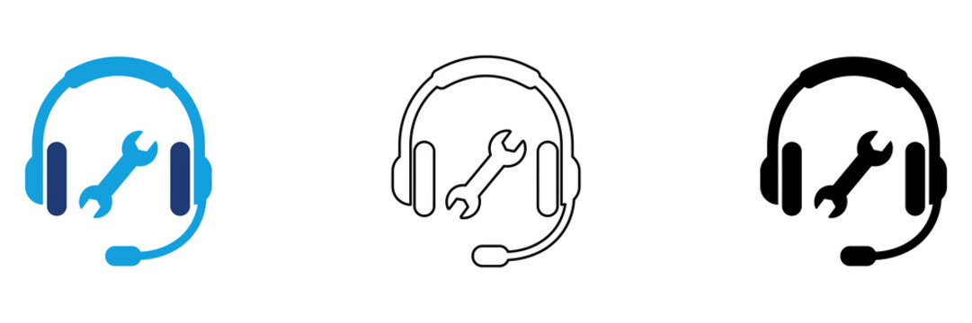 Multicolor Technical Support Headset Icon Set with Filled and Outline Styles for IT Assistance Help Desk Troubleshooting Customer Service Operations and Technology Support 