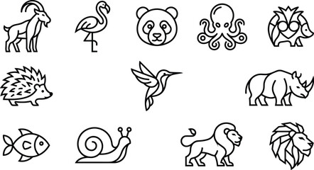 Fototapeta premium Minimalist Animal Line Art Icons Collection featuring Geometric Wild Animals and Marine Creatures Symbols for Logo Design and Branding Vector Graphics