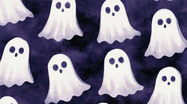 Seamless ghost pattern with white spooky silhouettes on dark purple background for Halloween design and decoration