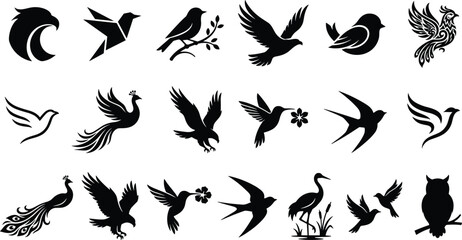 Fototapeta premium Stylized Bird Silhouette Vector Icon Set featuring Eagle, Peacock, Hummingbird, Owl, and Origami Flying Birds Icons for Logo Design and Branding Elements