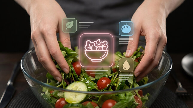 A person preparing a healthy salad with digital nutrition icons overlay, representing smart food tracking and healthy lifestyle technology concept