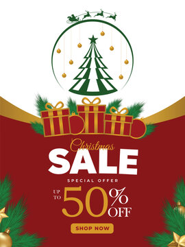 Festive Christmas Sale promotional poster design with an elegant stylized green Xmas tree, golden stars, red gift boxes, pine branches, and a special offer up to 50% off discount banner for shopping.
