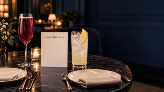 Alcohol-free pairing mocktails and sparkling beverage with menu card on marble table in fine dining restaurant