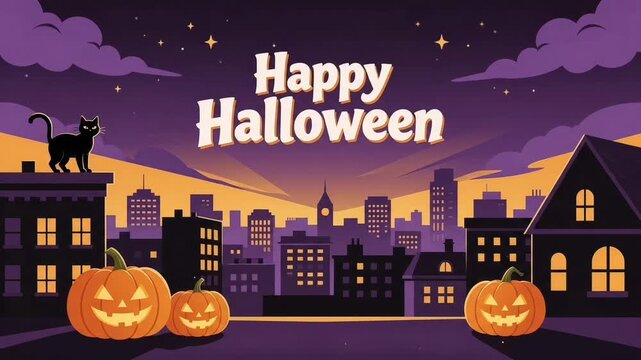 Happy Halloween City Skyline Night Illustration with Pumpkin Lanterns and Spooky Purple Sky